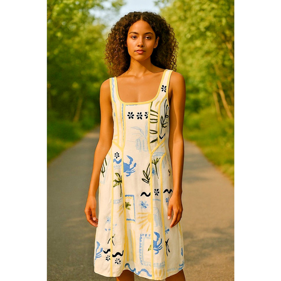 NWT Caroline Constas linen Multi Color Sleeveless A-Line midi Dress coastal Sz L - Picture 1 of 8